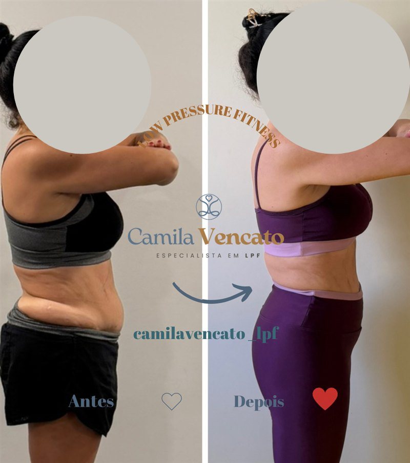 Antes e depois do corpo inteiro, vista de lado, de uma aluna do Método LPF com Camila Vencato
