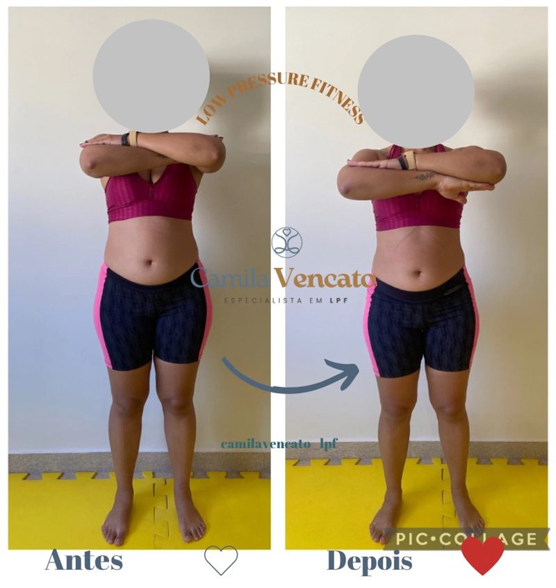 Antes e depois do corpo inteiro, vista de frente, de uma aluna do Método LPF com Camila Vencato