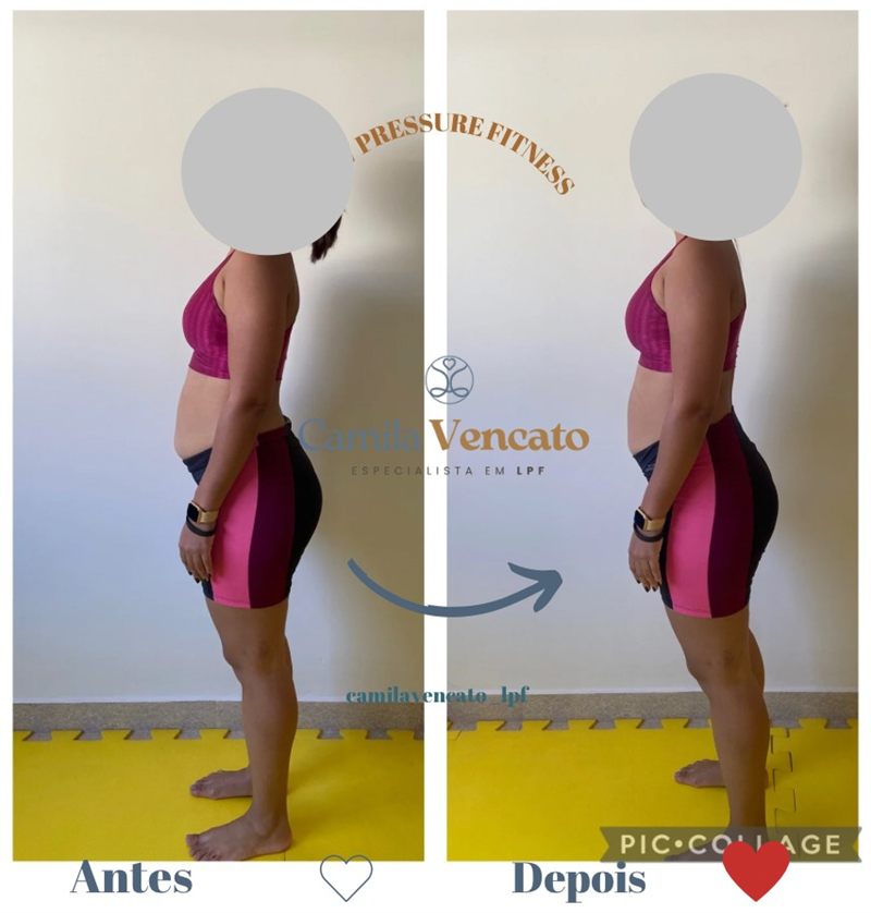 Antes e depois do corpo inteiro, vista de lado, de uma aluna do Método LPF com Camila Vencato