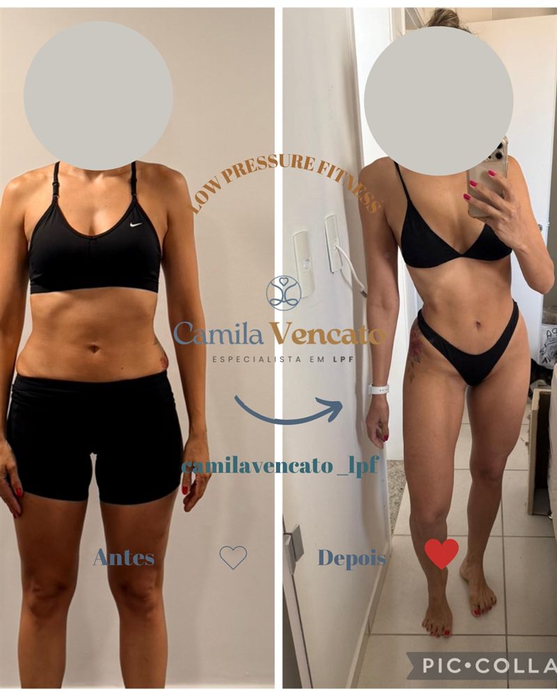 Antes e depois do corpo inteiro, vista de frente, de uma aluna do Método LPF com Camila Vencato